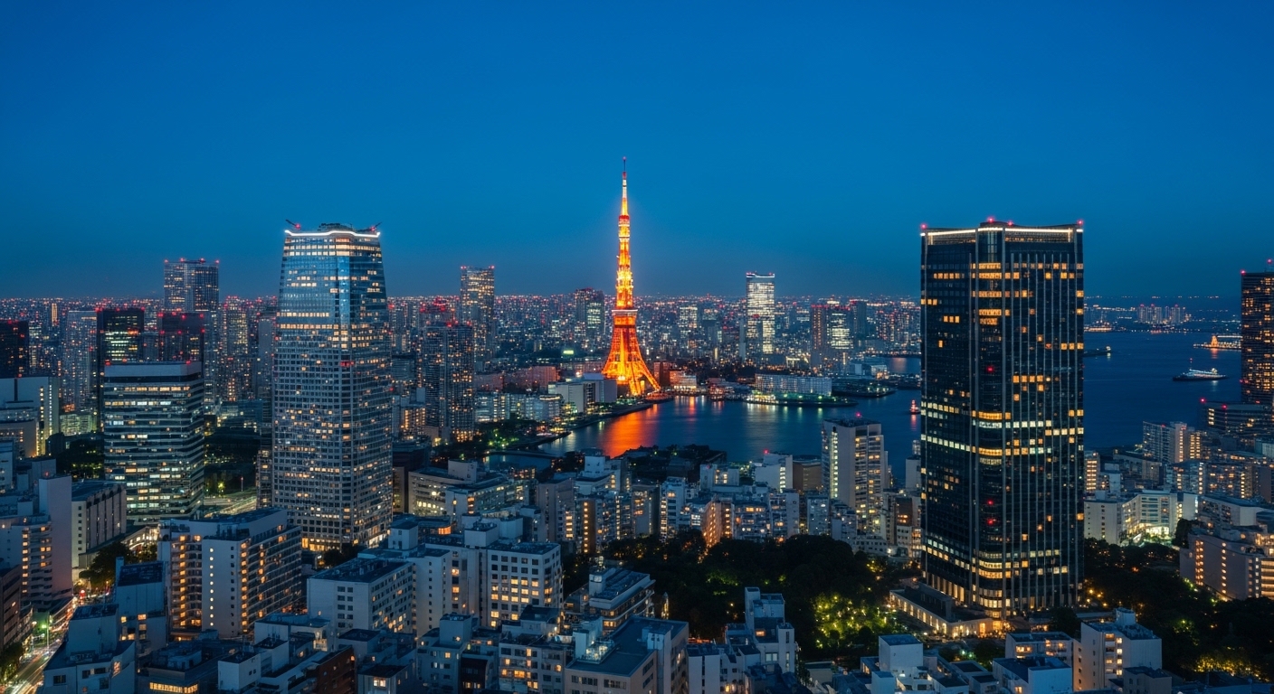 汐留の夜景を高層ビルから見下ろす、東京タワーとレインボーブリッジを含む煌びやかな都市の光景。