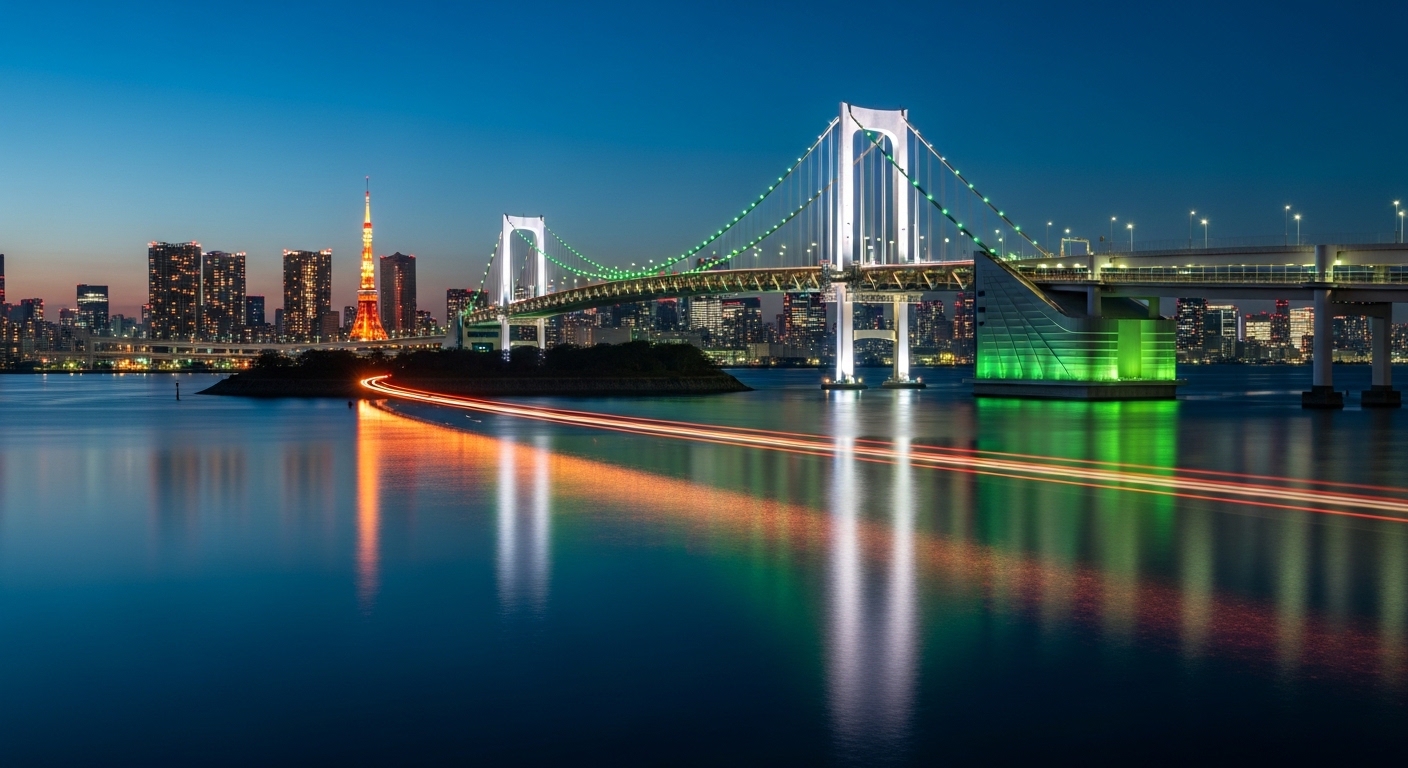 夜のレインボーブリッジが東京湾に輝き、遠くに東京タワーを望む都会的で幻想的な夜景。