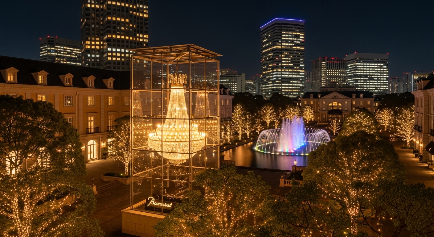 夜の日比谷公園でライトアップされた大噴水と、背後にそびえ立つ都会のビル群の夜景。