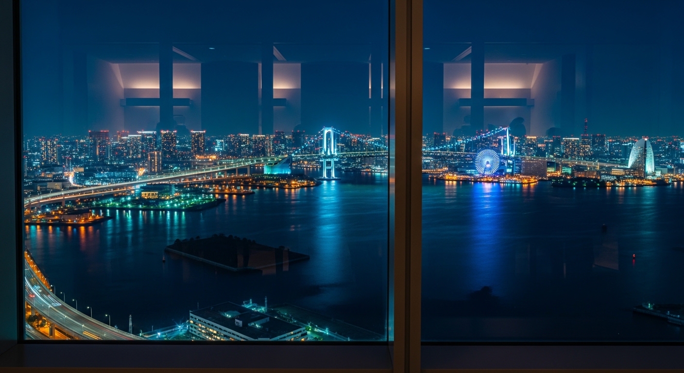 青白くライトアップされた横浜ベイブリッジの夜景と、海面に反射する光が美しい横浜港のパノラマ。