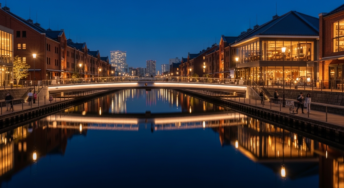 天王洲アイルの夜景が運河に映り込み、ボードウォークがライトアップされた幻想的な水辺の風景。