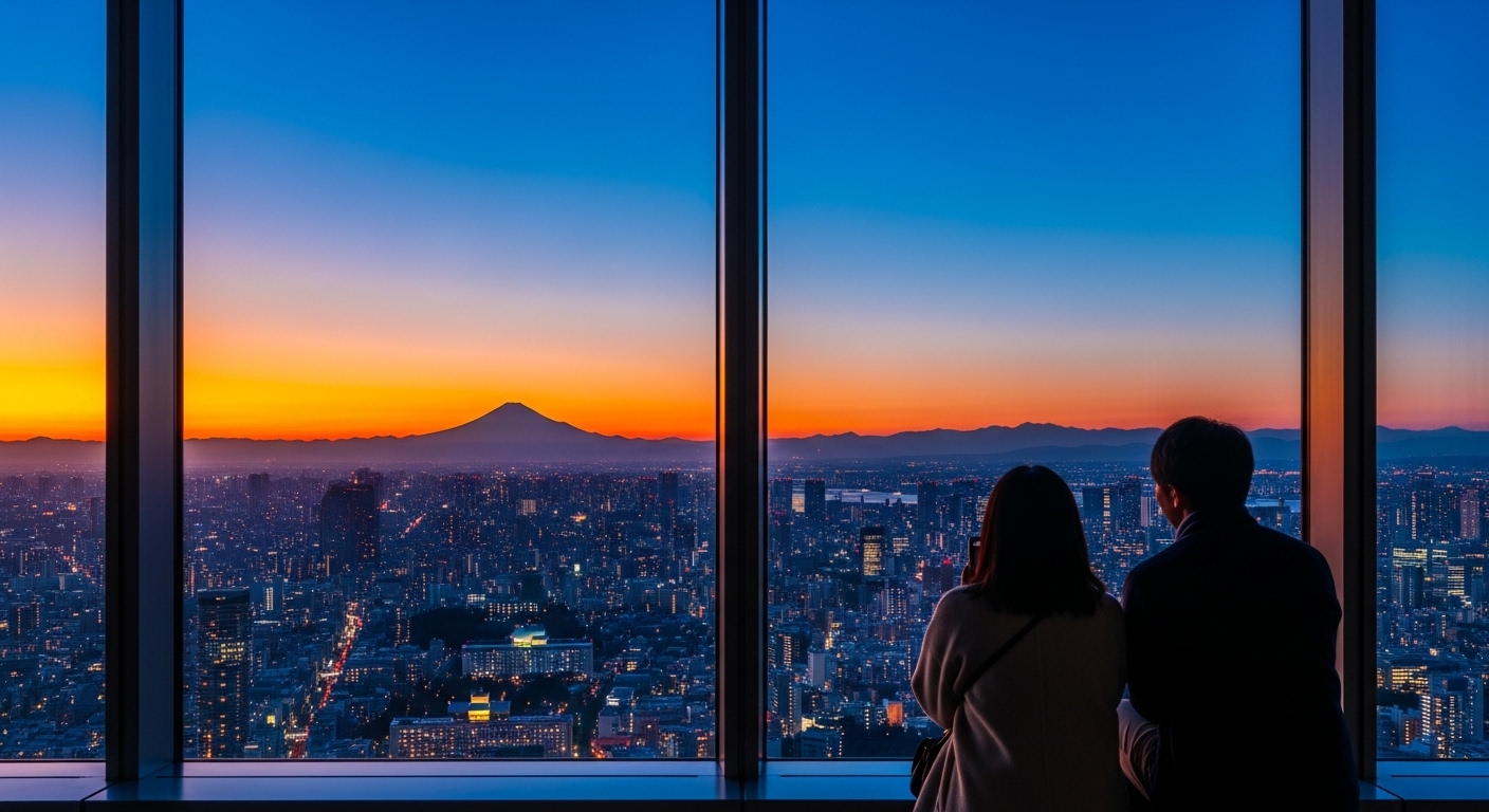 夕暮れ時の東京スカイツリー展望台から富士山と夜景を眺めるスカイツリーに登る時間のおすすめシーン。