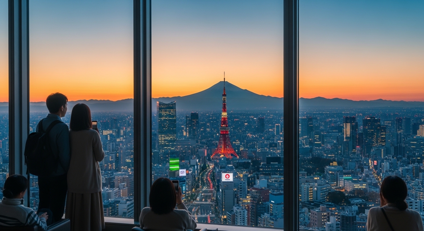 渋谷の無料展望台から見下ろすスクランブル交差点と再開発で立ち並ぶ超高層ビル群の景色。