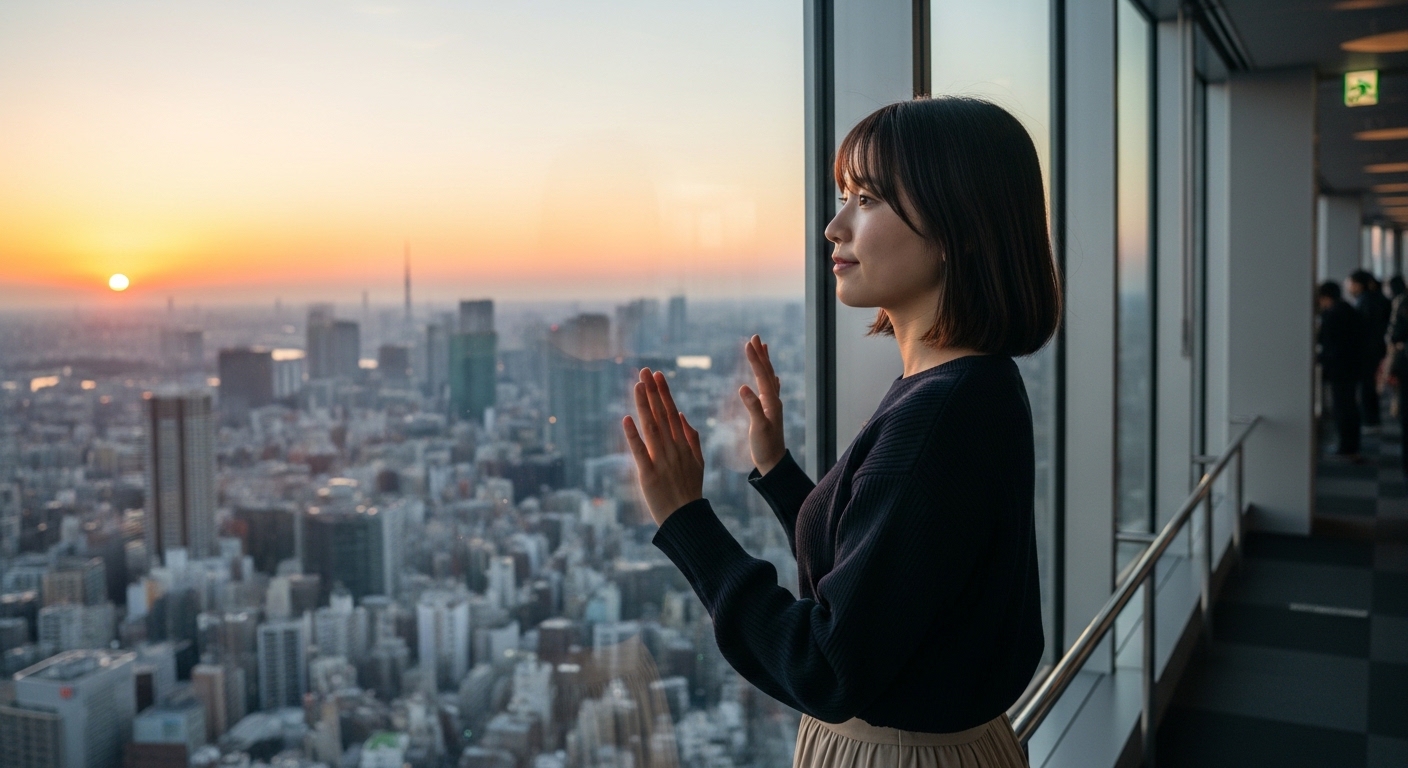 池袋の無料展望台から都会のパノラマビューを眺める日本人女性と夕暮れの街並み。