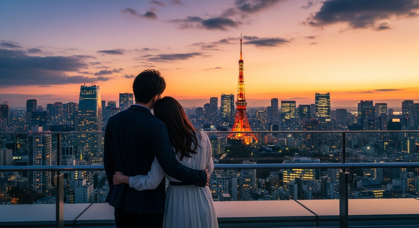 東京で夕方からデートを楽しむカップルが展望台からオレンジ色の夕焼けと東京タワーを眺める様子。