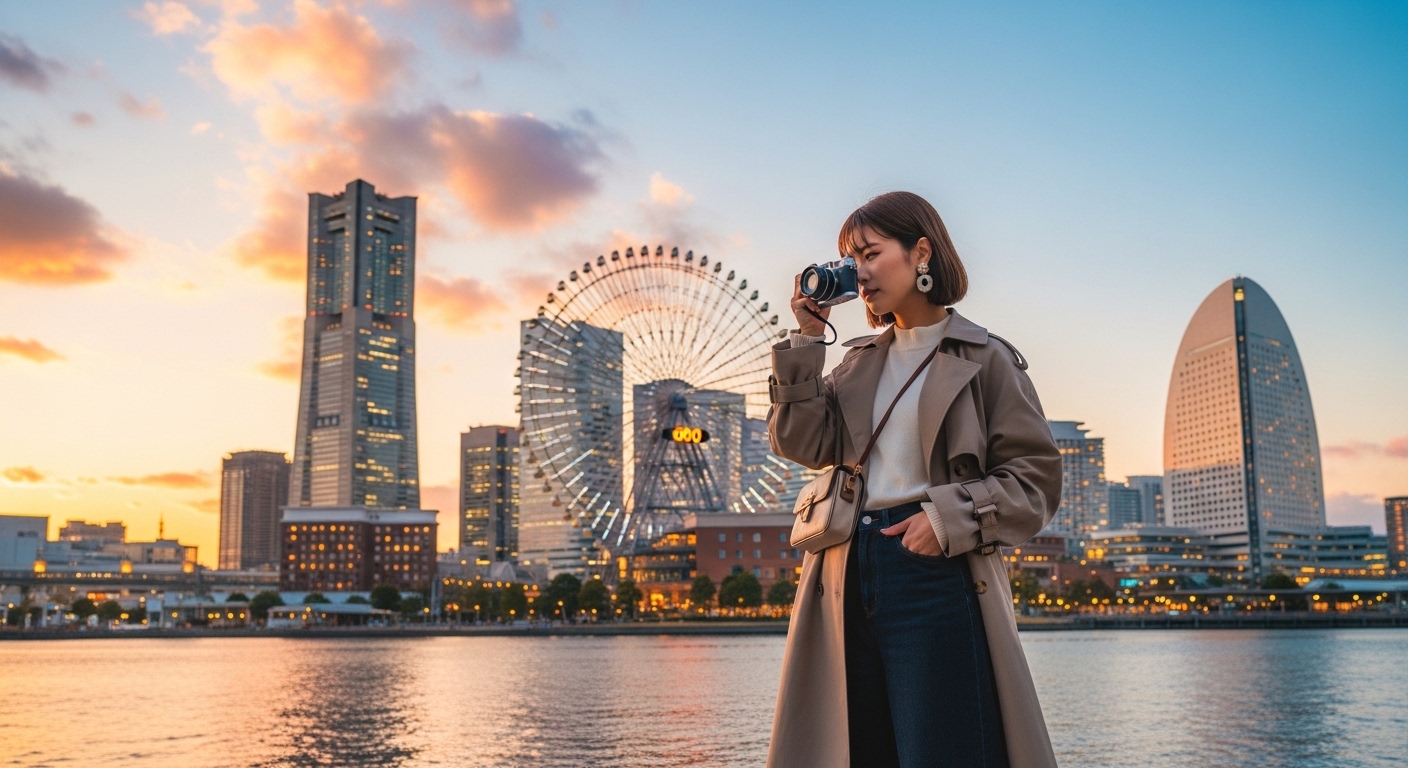 横浜のフォトスポットであるみなとみらいの観覧車を背景に、カメラを持つ女性。