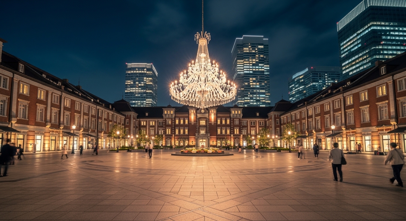 恵比寿ガーデンプレイスの夜景を象徴する、センター広場のバカラシャンデリアと周囲の煌びやかなライトアップ。