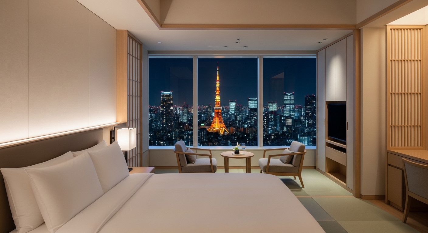 東京の景色の良いホテルの客室から、ライトアップされた東京タワーと美しい夜景を一望する様子。