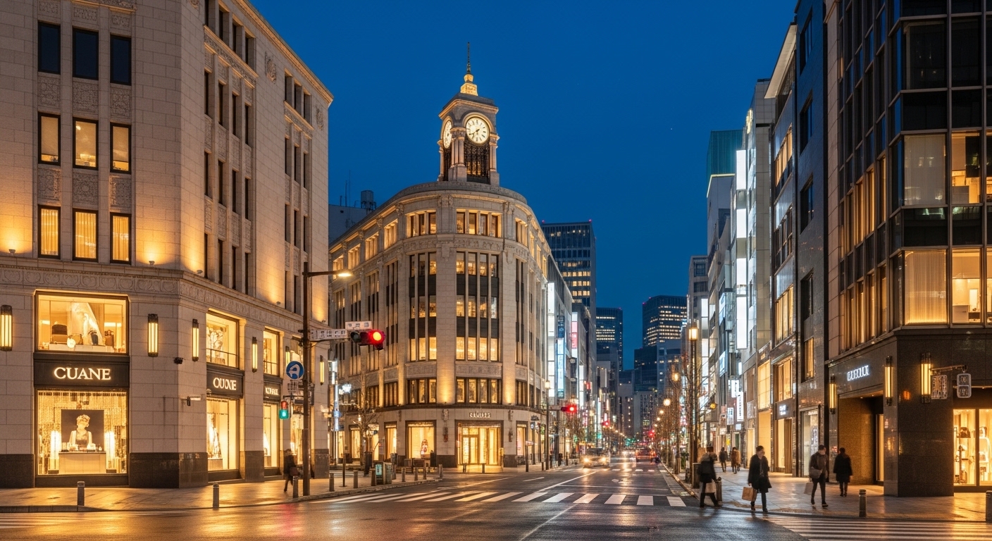 銀座の夜景を象徴する和光の時計塔と、ライトアップされたブランド街の美しい街並み。