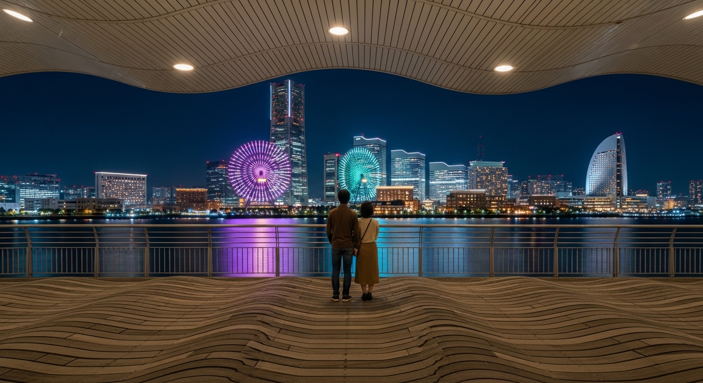 横浜港大さん橋の夜景を楽しむ人々と光り輝くみなとみらいのビル群。