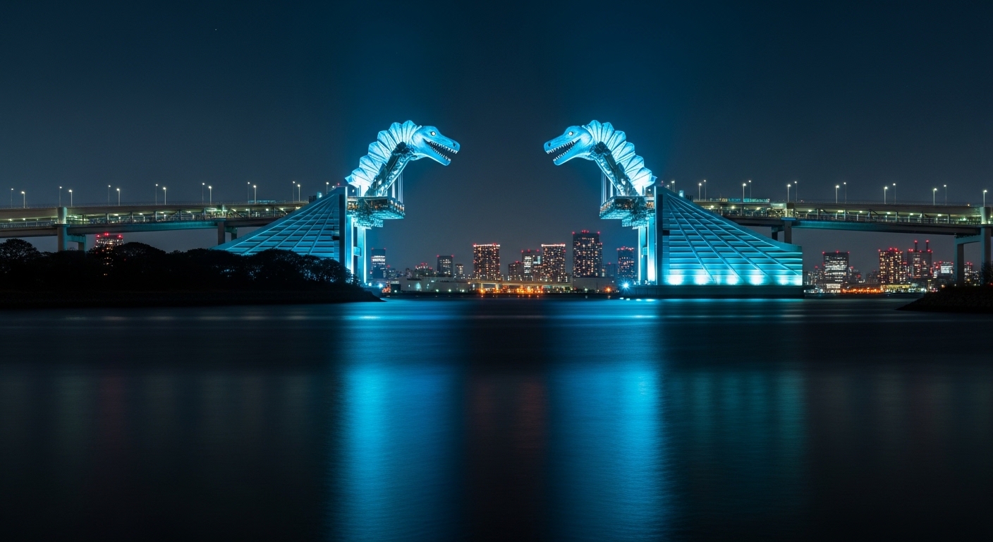 青くライトアップされた東京ゲートブリッジの夜景と東京湾の水面。