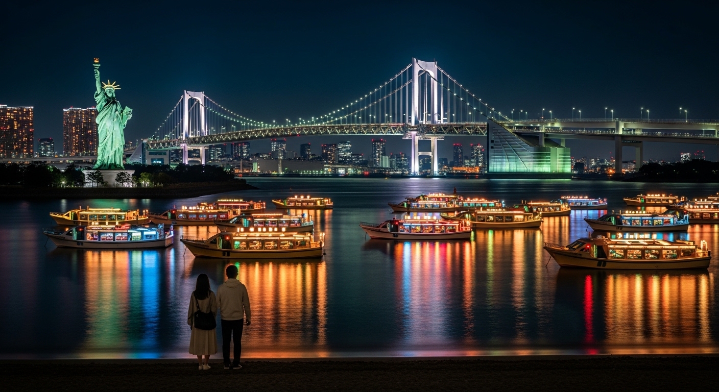 レインボーブリッジと屋形船の光が美しいお台場海浜公園の夜景シーン。