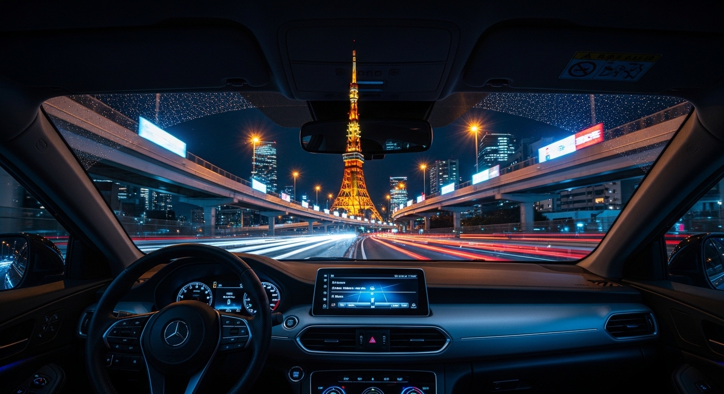 車内から見た東京タワーと首都高速の夜景が美しい東京の夜の暇つぶしドライブのイメージ。