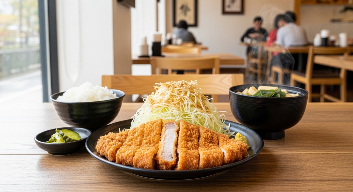 東京駅の安いランチで楽しめるボリューム満点のとんかつ定食のイメージ写真。