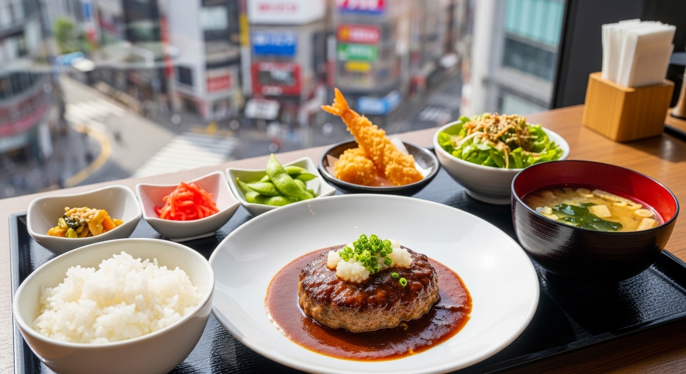 渋谷のおすすめランチとして人気の豪華なハンバーグ定食と渋谷の街並み。