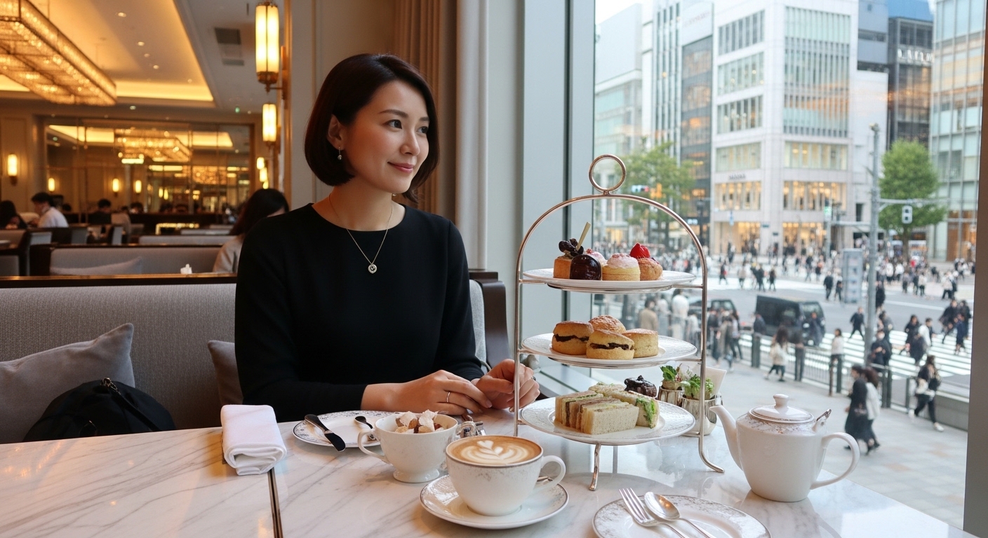 銀座のおしゃれカフェでアフタヌーンティーを楽しむ女性と洗練された店内の様子。