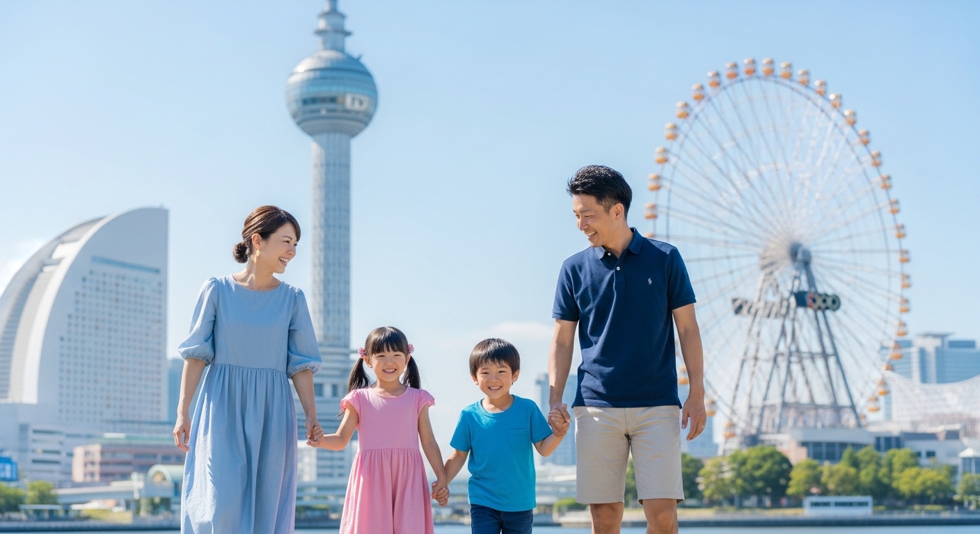 子供とお台場観光を楽しむ日本人家族と背景に見えるフジテレビ社屋。