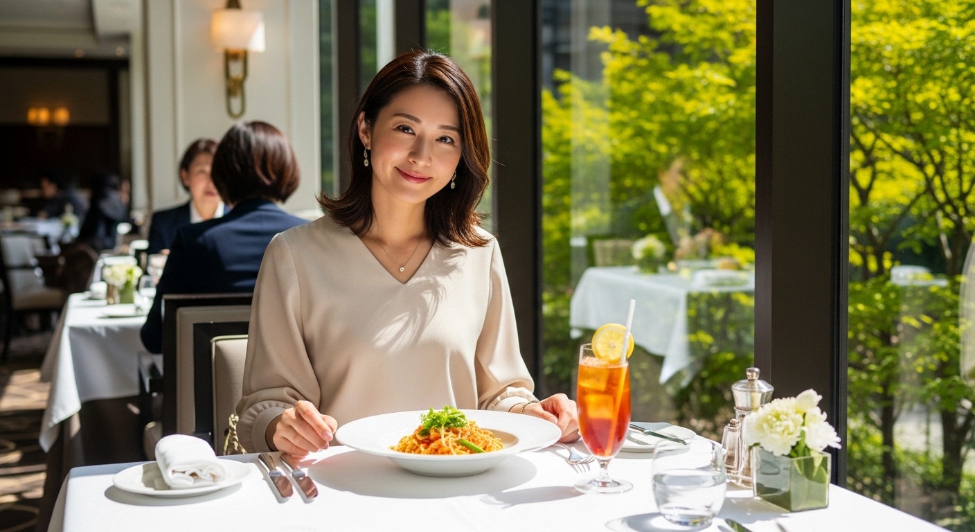 品川でゆっくりランチを楽しむ日本人女性と陽光が差し込むお洒落な店内。