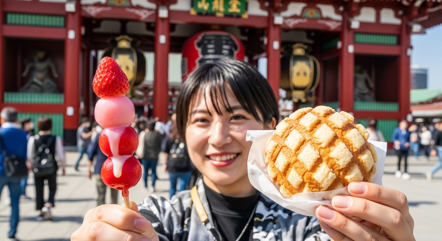浅草の雷門前で苺団子とメロンパンを持ち、浅草の食べ歩きおすすめを楽しむ様子。