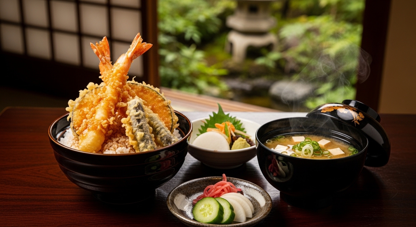 浅草のおすすめランチとして人気の豪華な天丼セット。