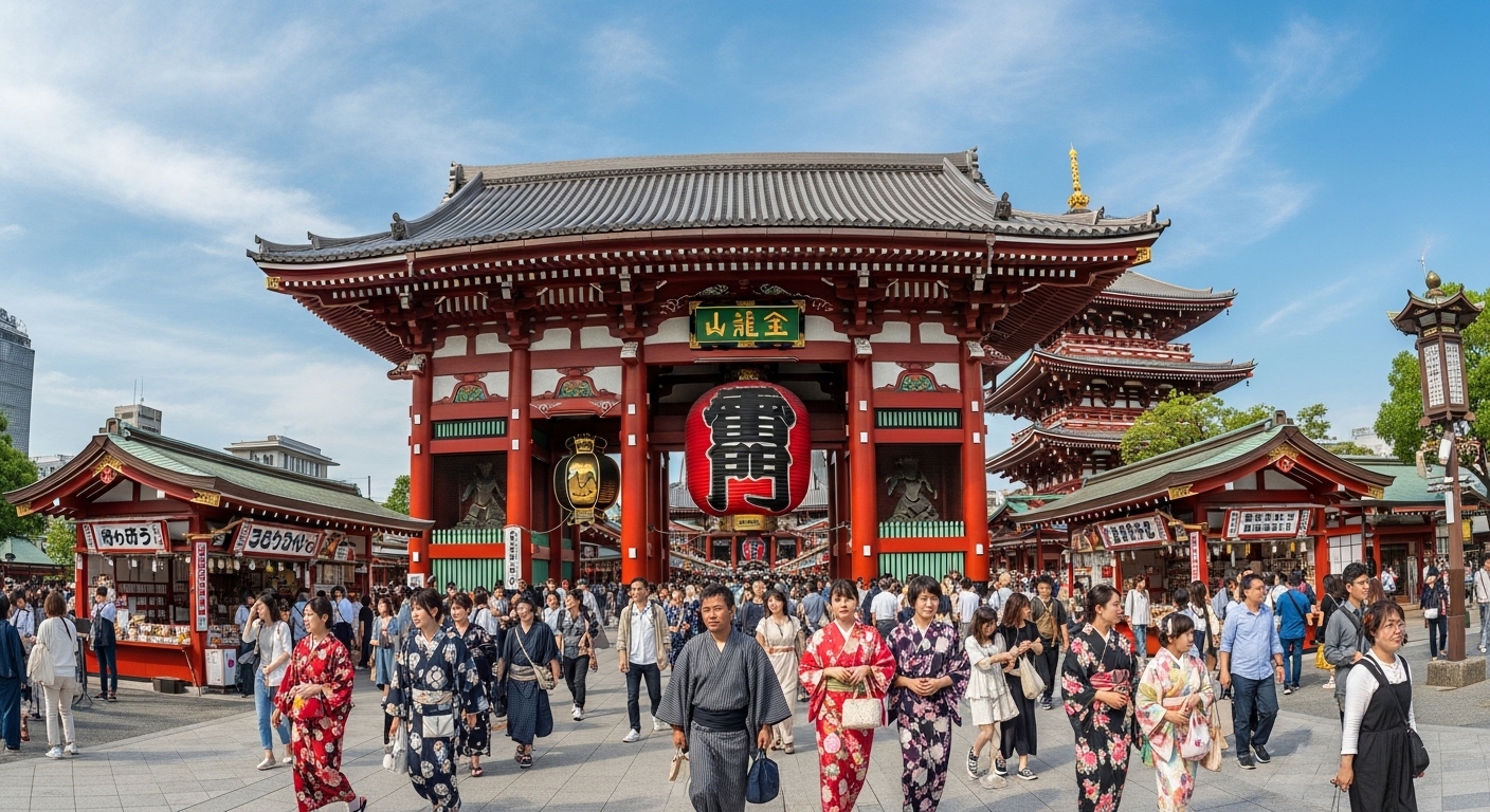 着物を着た人々が賑わう雷門と浅草寺の風景、おすすめの浅草観光。