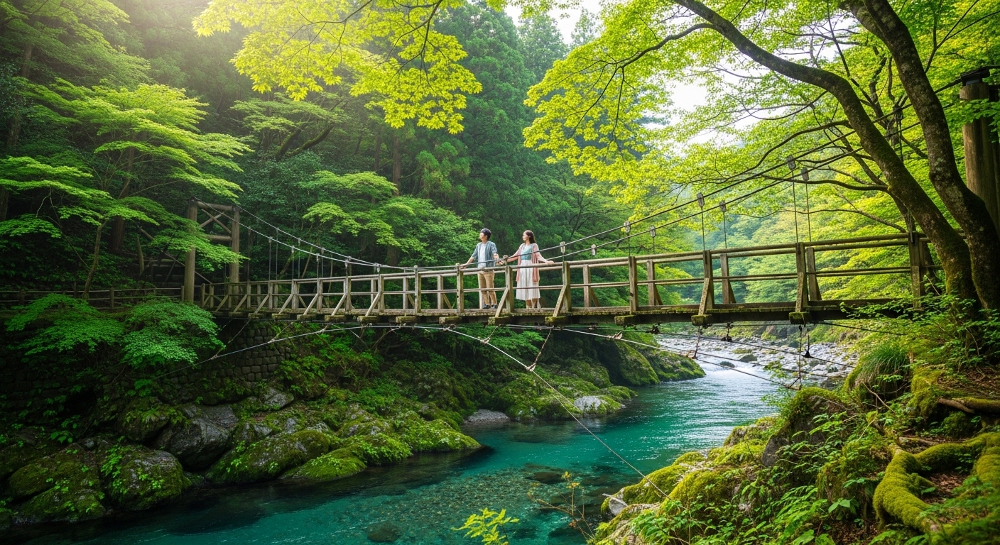 豊かな緑とエメラルドグリーンの川が美しい、奥多摩観光の穴場スポットの風景。