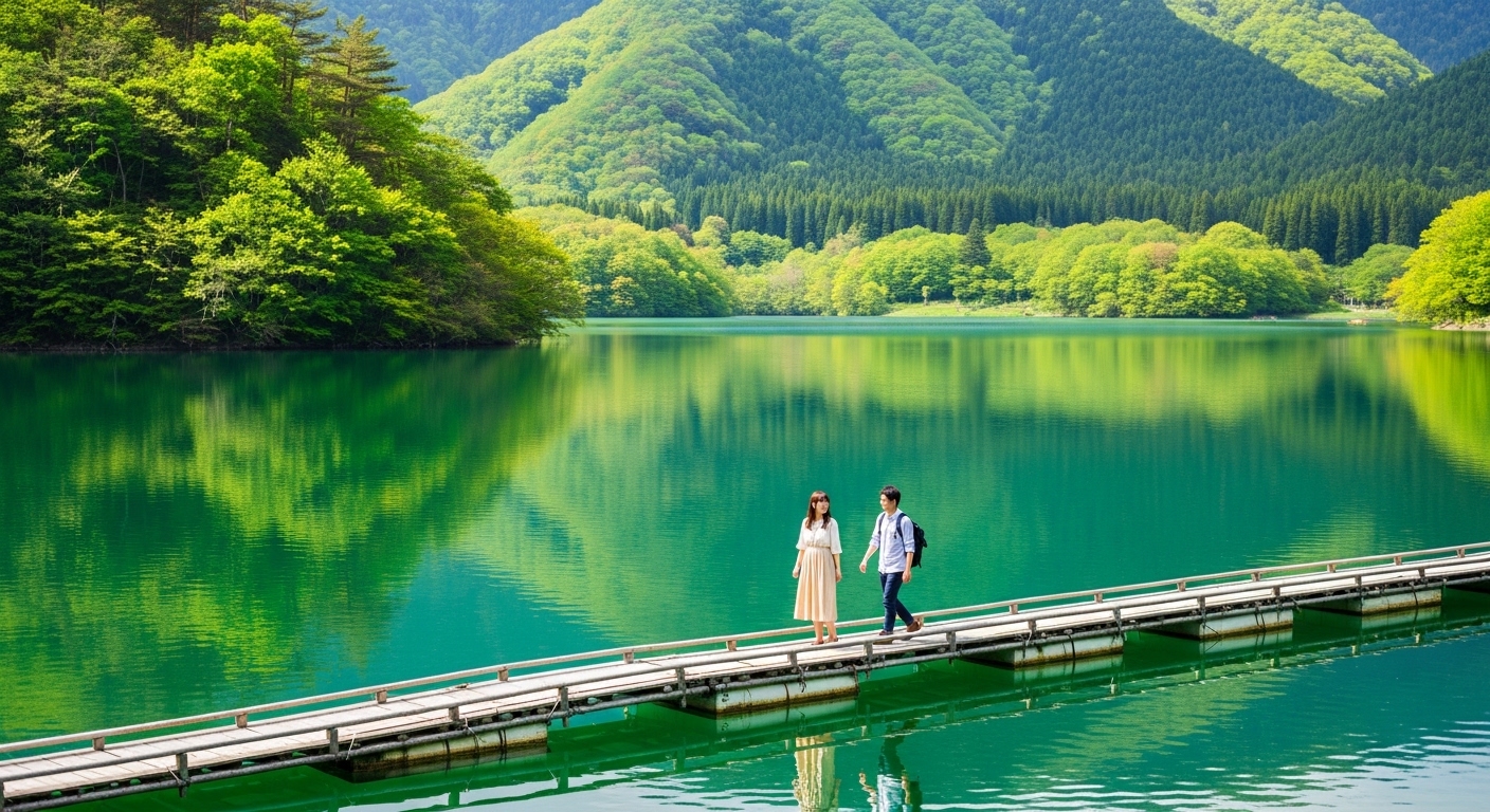 奥多摩の日帰りデートでドラム缶橋を渡りながら奥多摩湖の絶景を楽しむ日本人カップル。