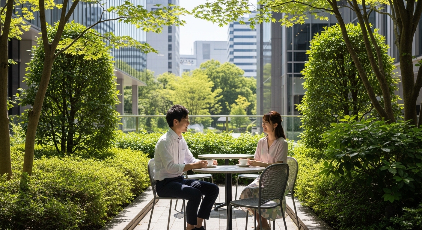 付き合う前の立川デートスポットとして人気のグリーンスプリングスで楽しそうに話すカップル。