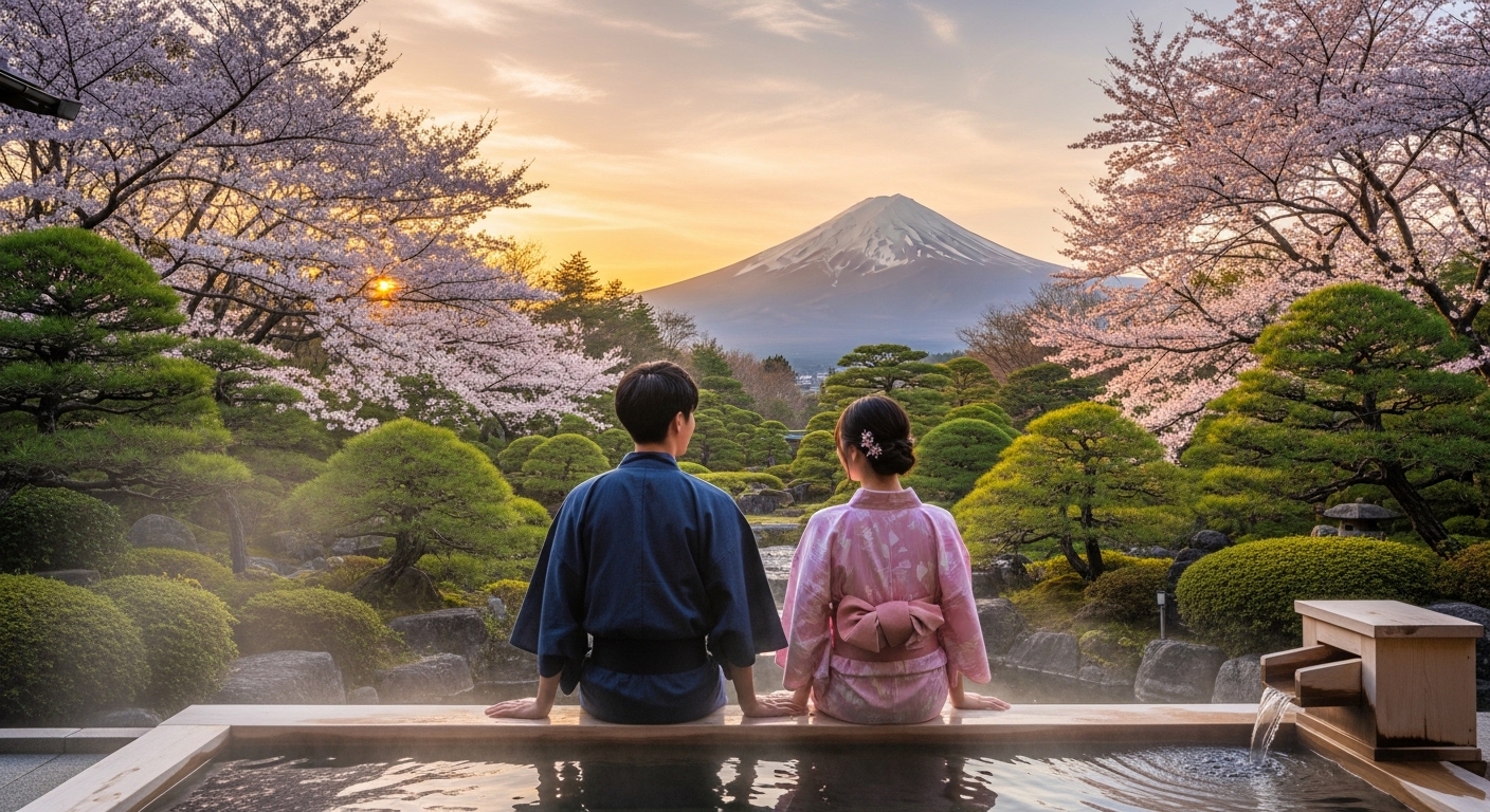 夕暮れ時の露天風呂でリラックスするカップル。関東の疲労回復デートスポットのイメージ。