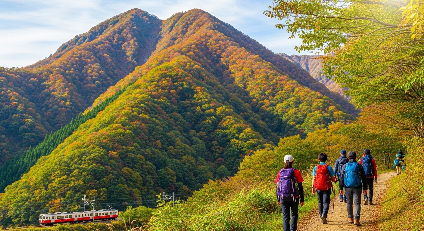 関東の電車で日帰り登山を楽しむハイカーと山裾を走る列車の風景