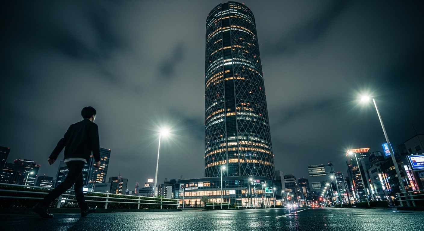 夜の池袋の心霊スポットとして知られる高層ビルと、怪しげな雰囲気の街並み。