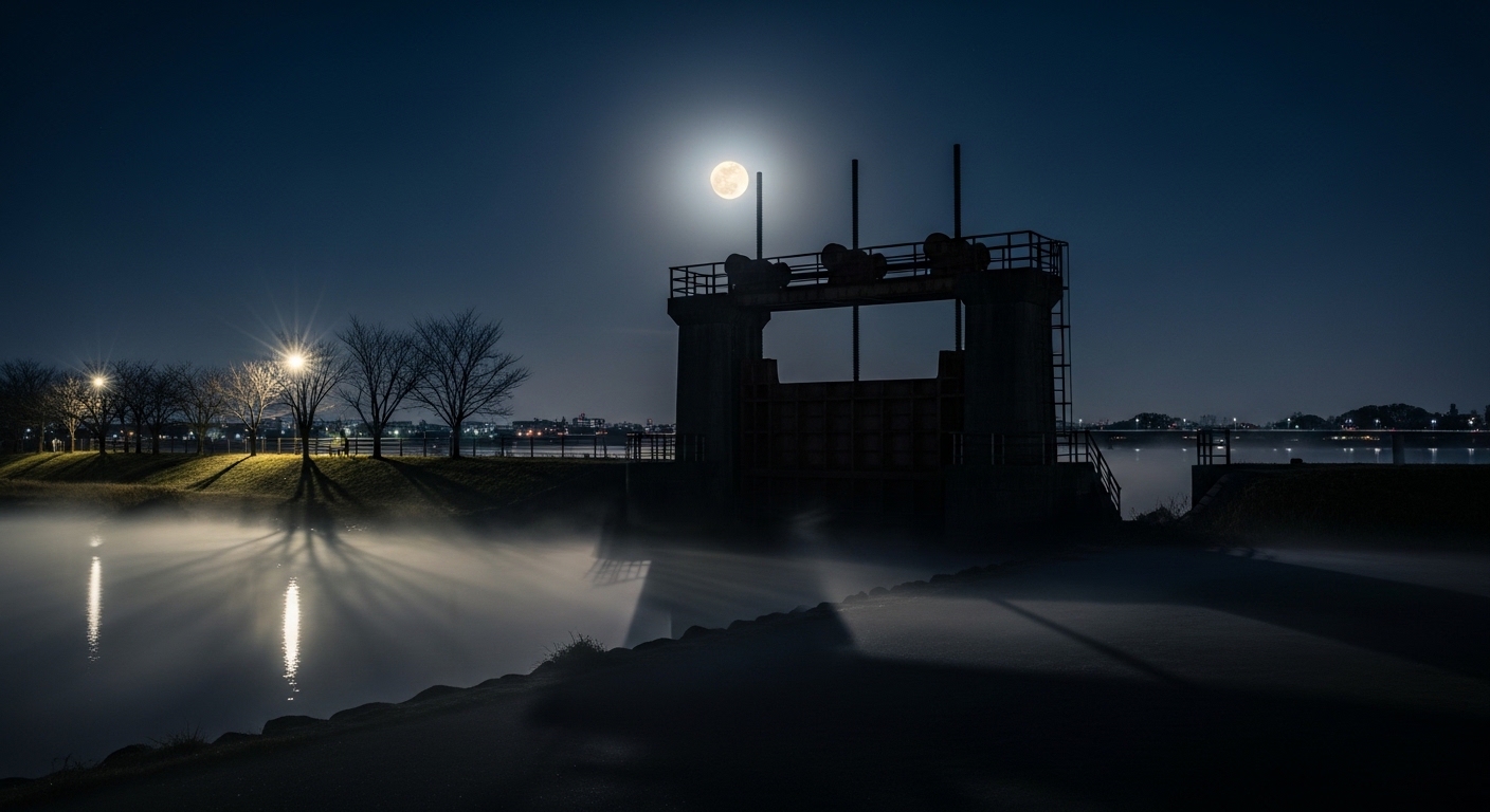 夜の江戸川河川敷に佇む古い水門。江戸川区の心霊スポットを彷彿とさせる不気味な風景。