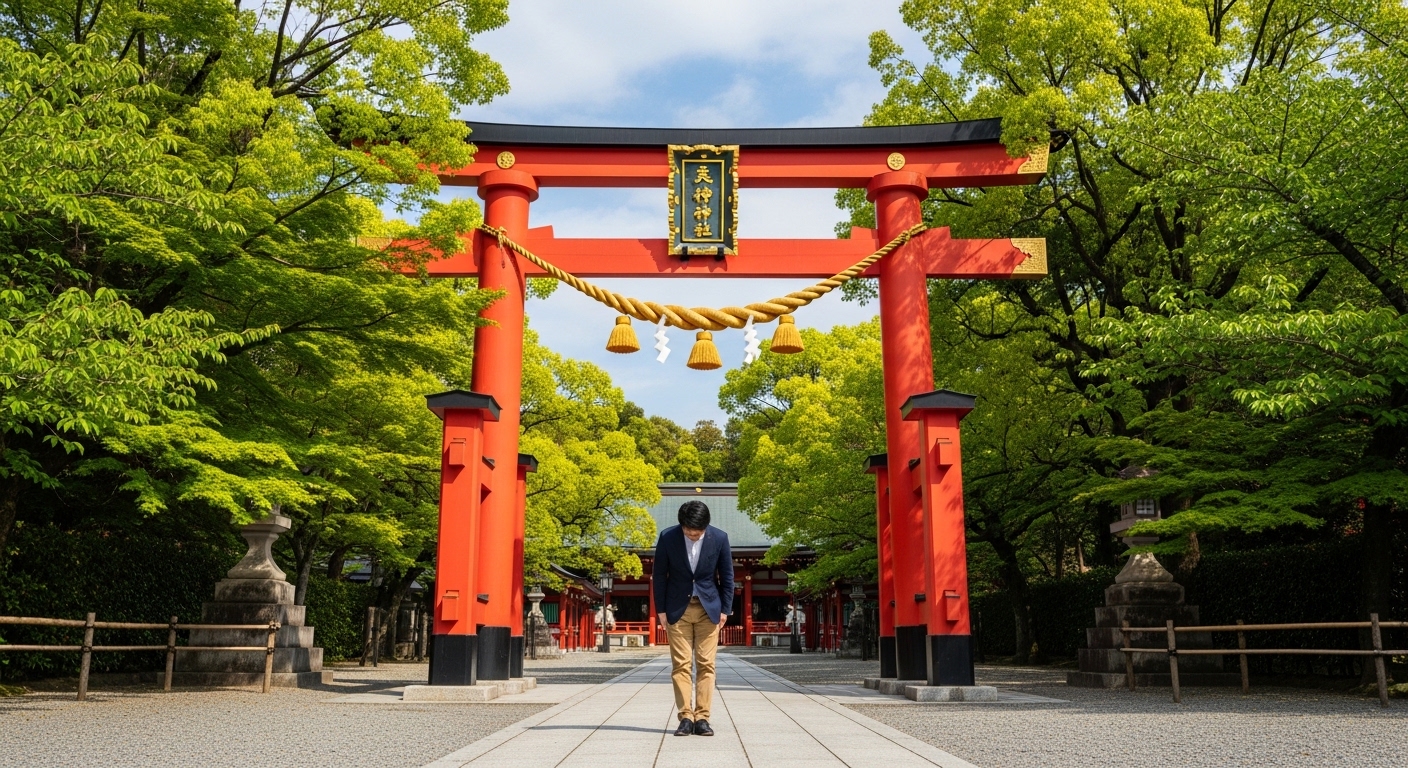 大田区の金運神社として知られる稲荷神社の鳥居と、参拝する日本人の様子。