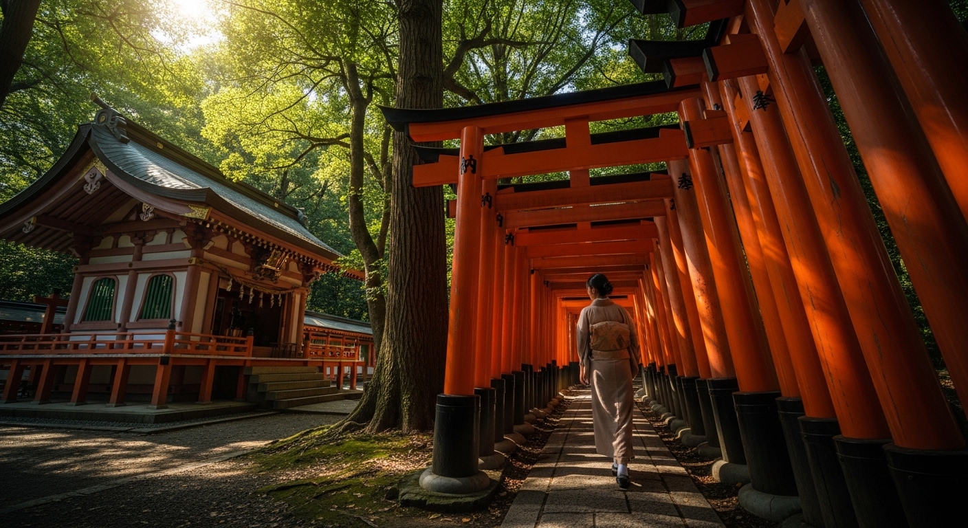 根津神社で邪気払いを行うために千本鳥居を静かに通り抜ける参拝者の様子。