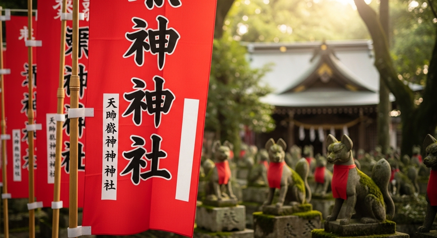 豊川稲荷東京別院の縁切り体験談に相応しい境内の赤い幟と狐像の風景