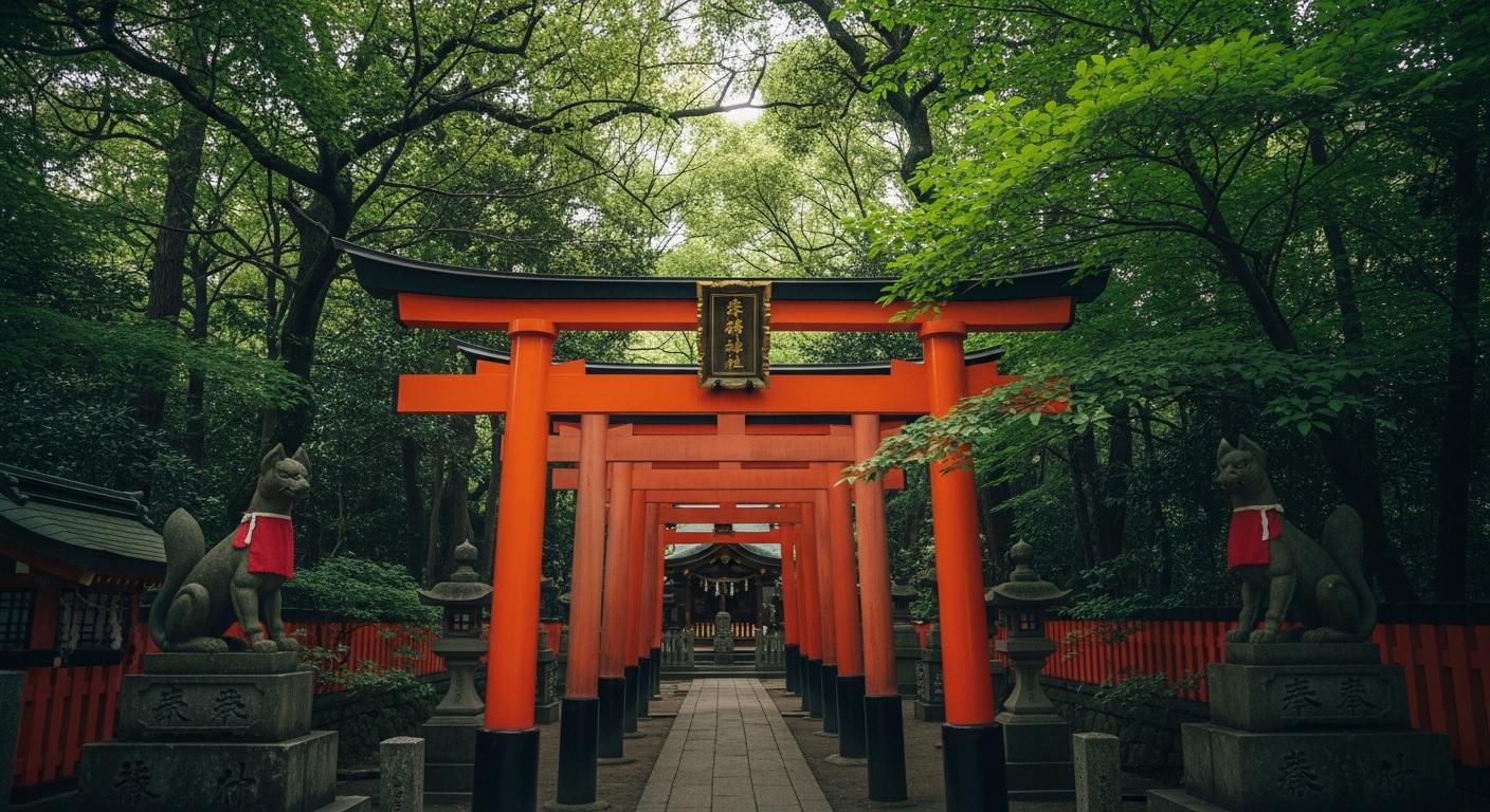 根津神社の境内に佇む駒込稲荷神社の朱い鳥居と石造りのお狐様