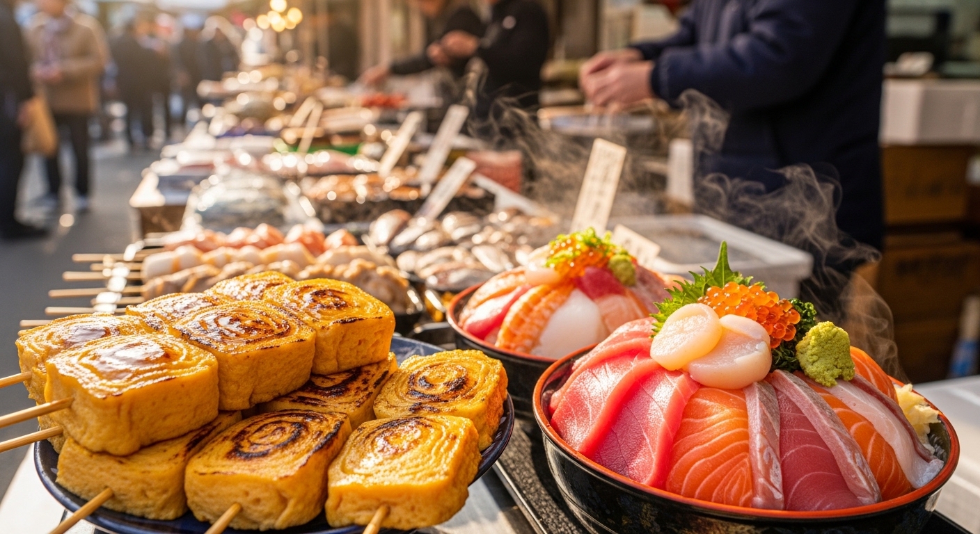 活気あふれる朝の築地場外市場でグルメを楽しむ様子。築地市場食べ歩きの時間は？の解説イメージ。
