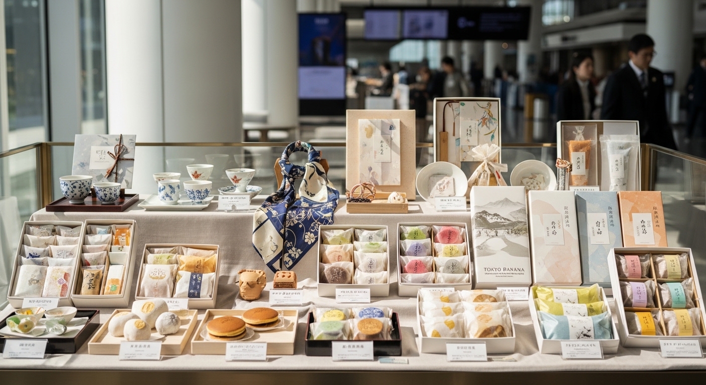 羽田空港のターミナル内で販売されている、羽田空港のお土産ランキング上位の人気スイーツやギフトの詰め合わせイメージ。