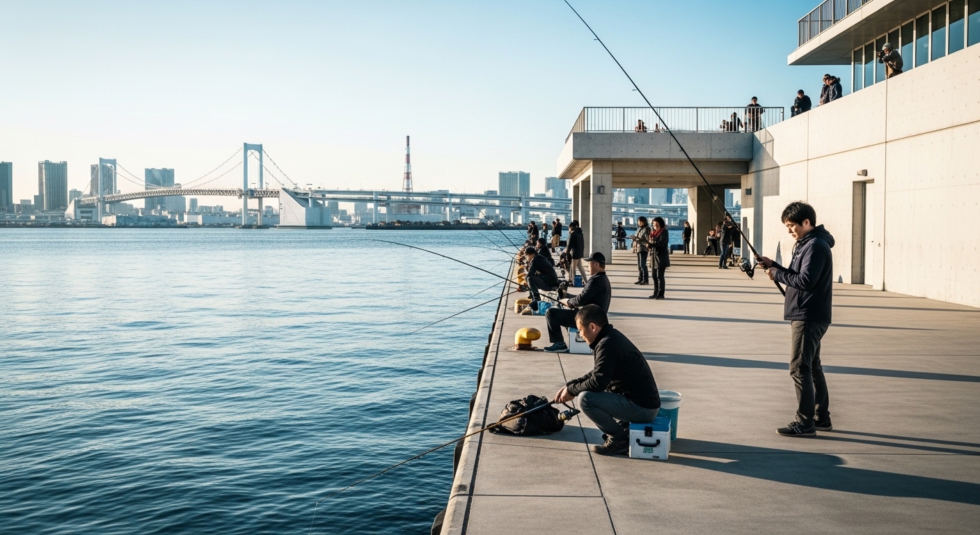 東京湾の堤防釣りを楽しむ人々。青空の下で釣り竿を出すファミリーと都会のスカイライン。