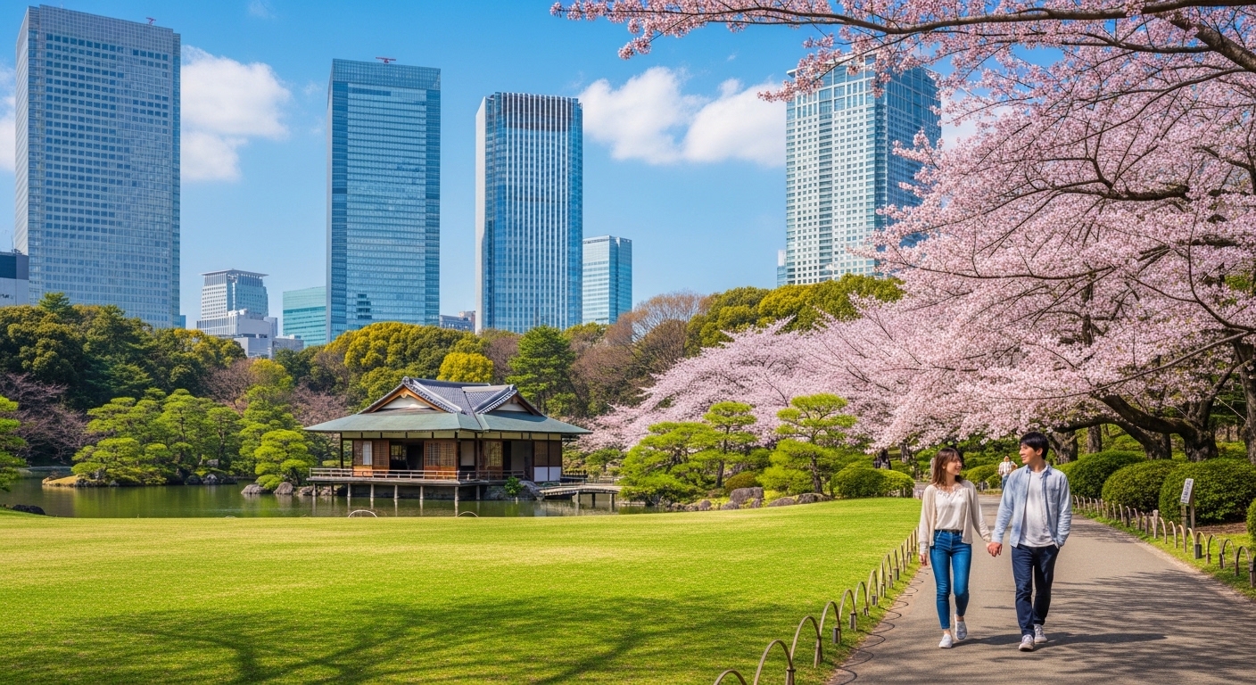 新宿のビル群を背景に、新宿御苑の広大な芝生と庭園を散策する人々。新宿御苑一周の時間は？の目安。