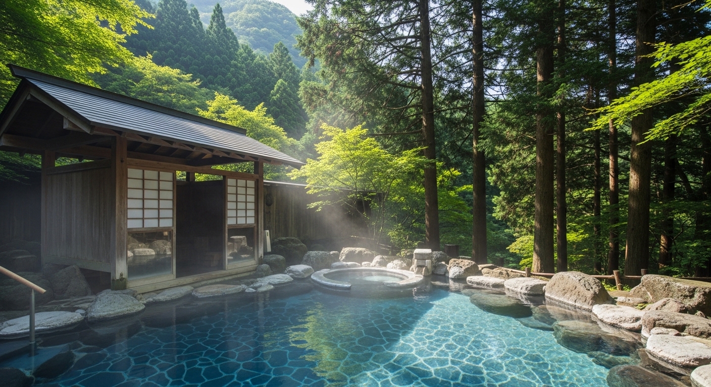 高尾山の豊かな自然に囲まれた露天風呂。高尾山近くの温泉でリラックスするイメージ。