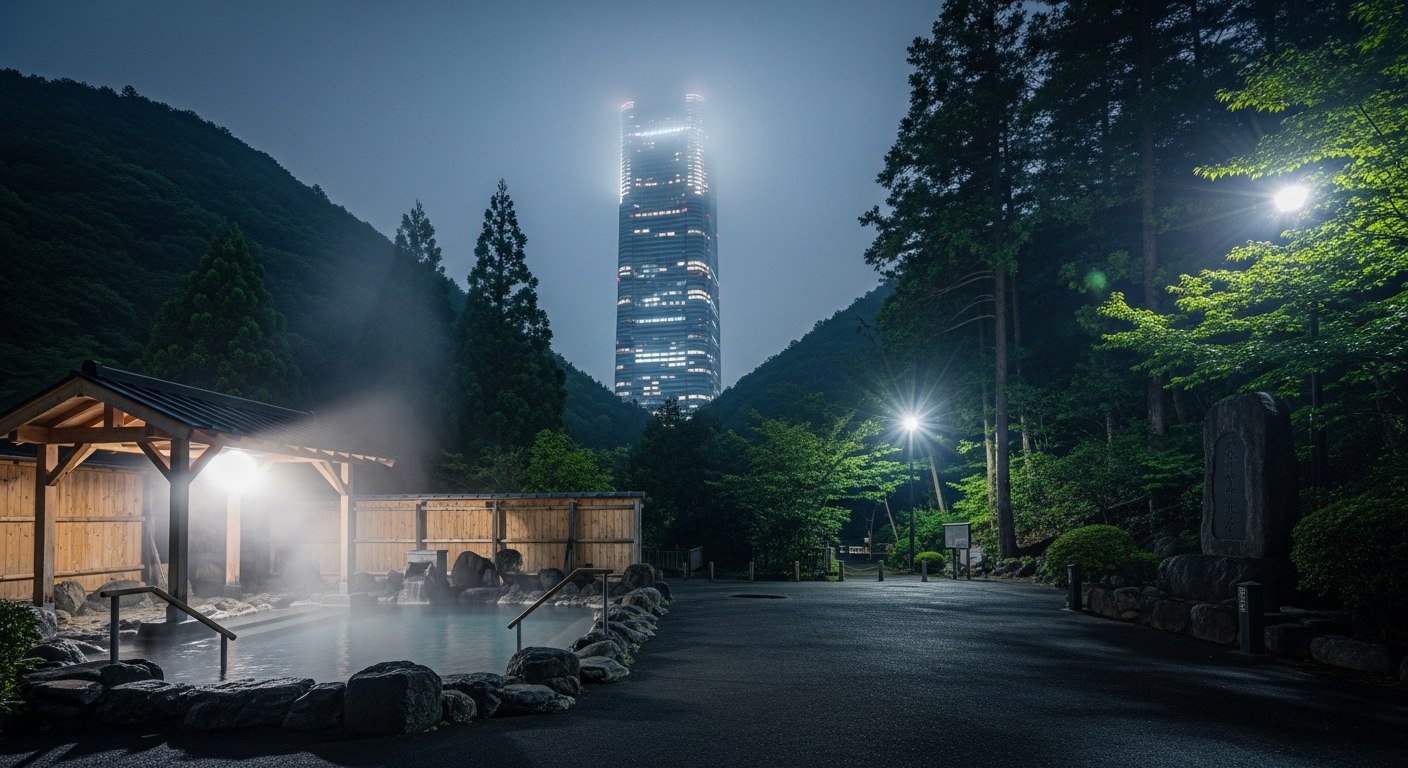 夜霧に包まれるサンシャインシティと東池袋中央公園の石碑。巣鴨プリズンの心霊を象徴する不気味な風景。