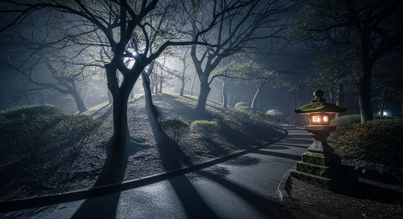 深夜の月明かりに照らされた新宿・戸山公園の箱根山。戸山公園の心霊スポットを象徴する不気味な風景。