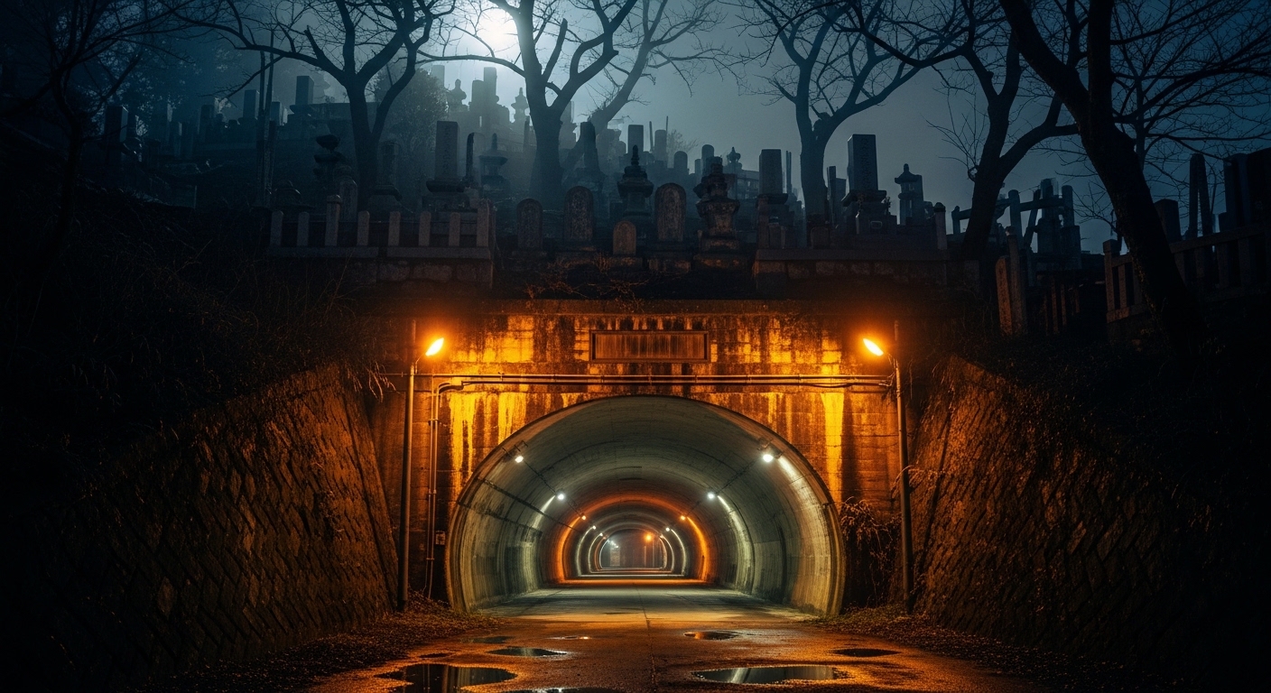 頭上に墓地が広がる不気味な夜の千駄ヶ谷トンネル。都内屈指の心霊スポットの風景。