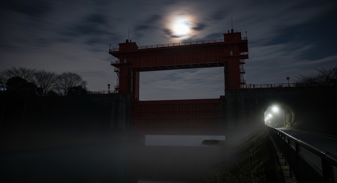 夜の旧岩淵水門（赤水門）。赤水門の心霊現象を思わせる、霧がかった不気味な風景。