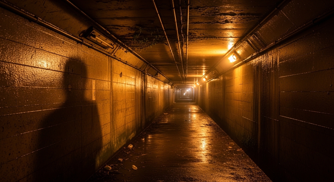 夜の不気味な雰囲気が漂う西新井トンネル。都内有数の心霊スポットとしてのイメージ。