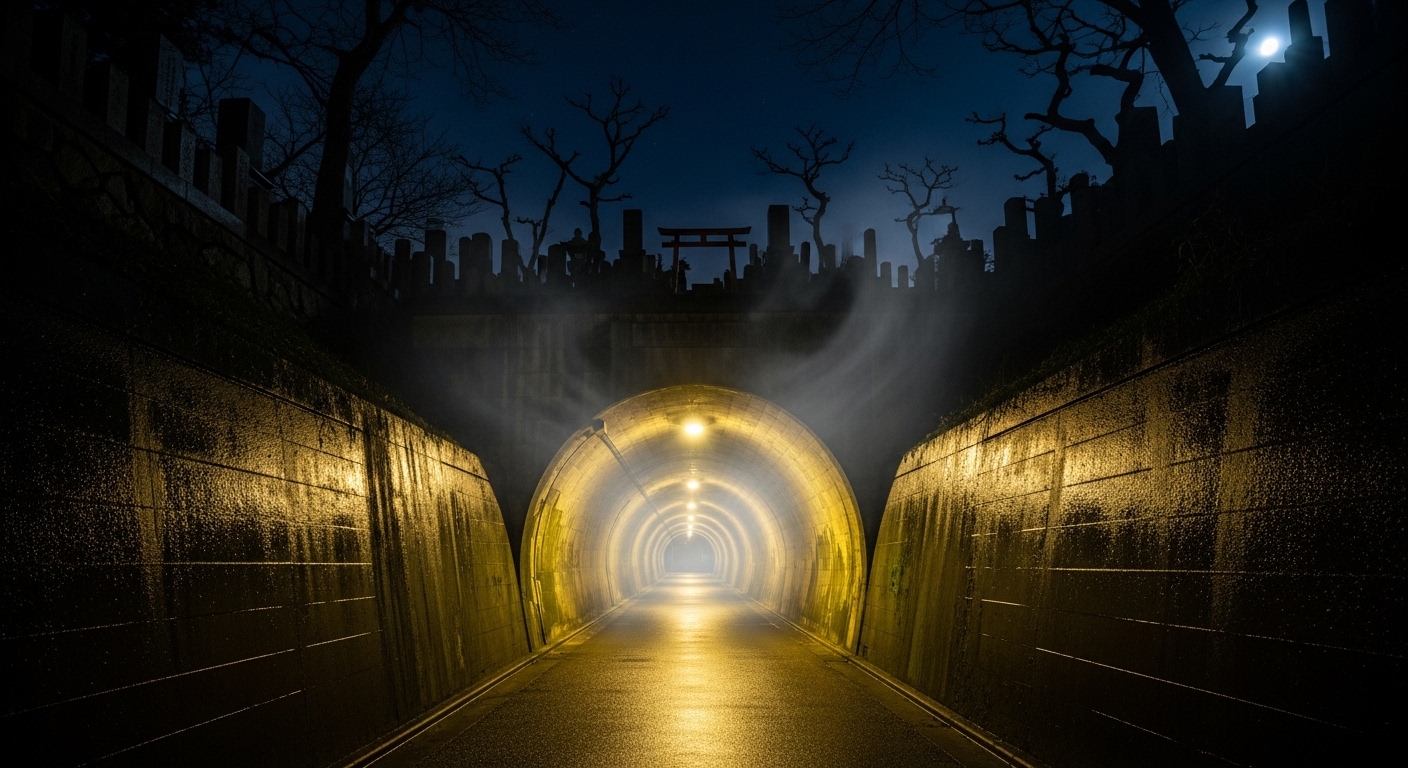 深夜の青山トンネル。上部に青山霊園が位置し、不気味な雰囲気が漂う青山トンネルの心霊スポットイメージ。