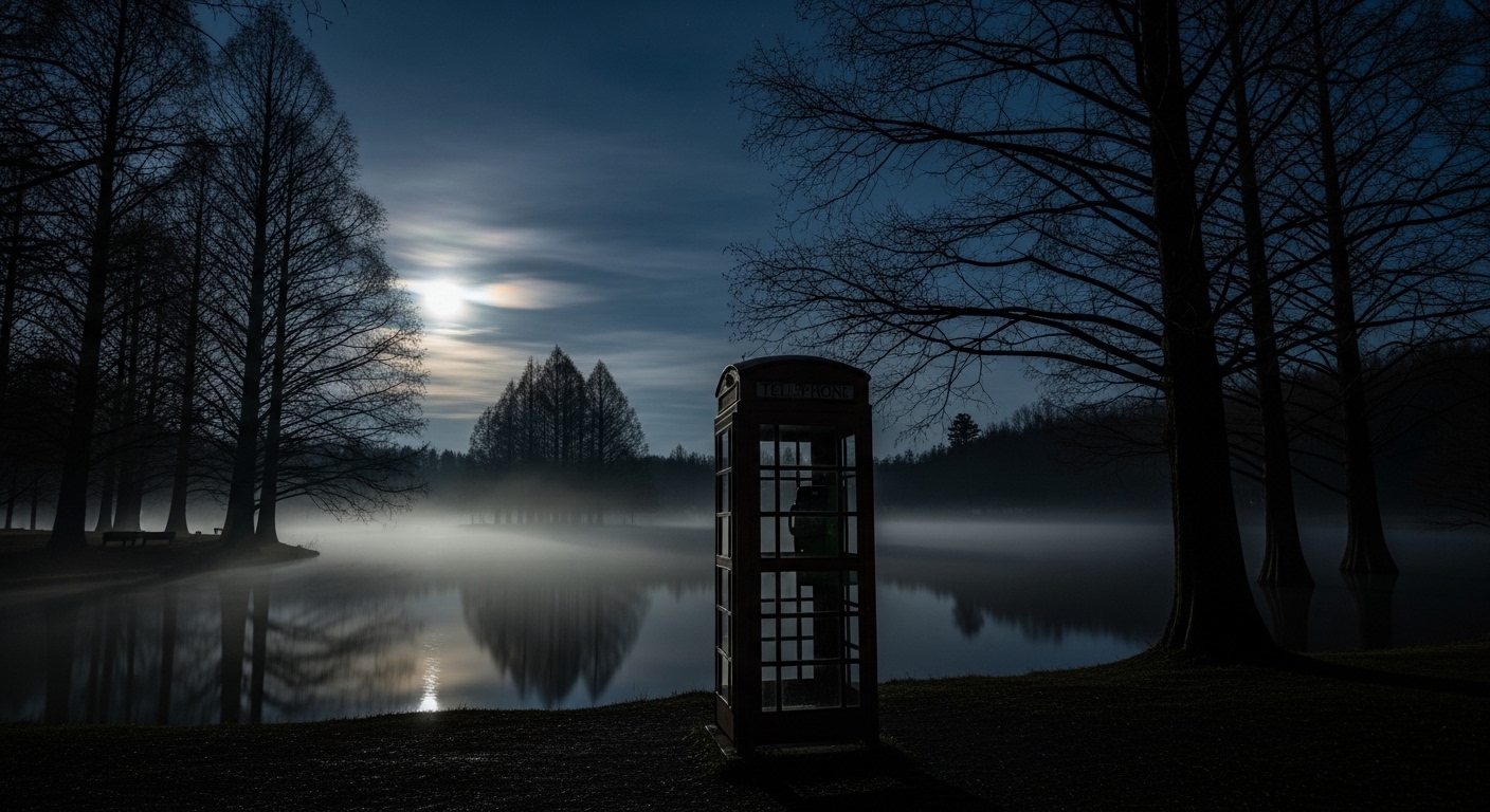 夜の霧に包まれた水元公園のメタセコイアの森と、不気味に佇む旧電話ボックス。水元公園の心霊スポットを象徴する風景。