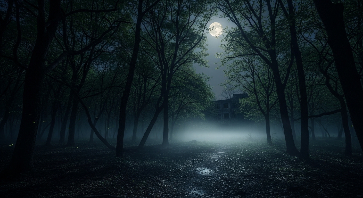 深夜の江古田の森公園。病院跡地の歴史を感じさせる、不気味で静まり返った森の風景。