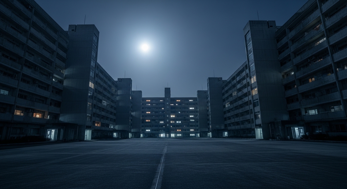 夜の静寂に包まれた高島平団地の巨大な建物。高島平団地の心霊現象を彷彿とさせる不気味な外観。